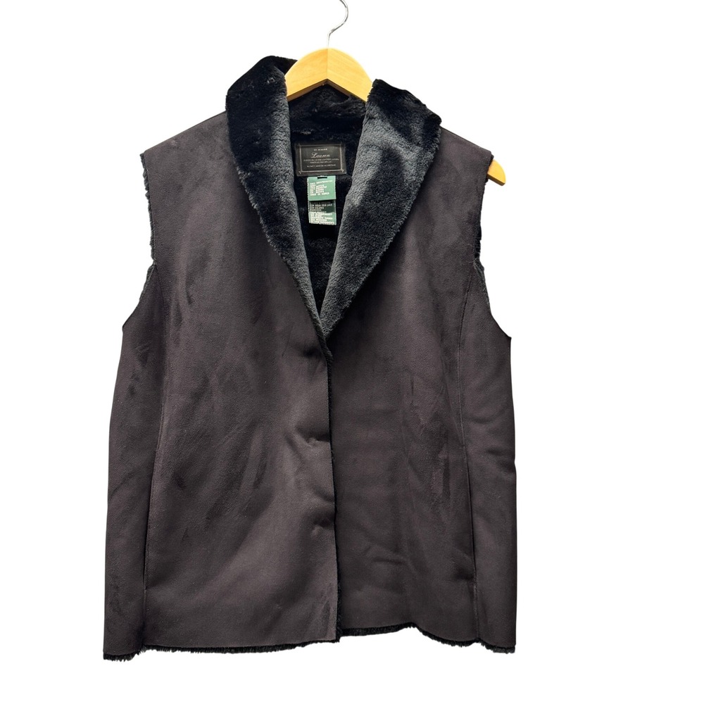 Lauren Ralph Lauren Vest Womens Large Faux Suede Shearling Black Vintage